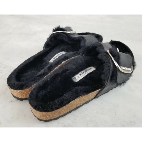 Birkenstock Madrid Big Buckle Black Oiled Leather Shearling Size 38 Narrow - Picture 3 of 6